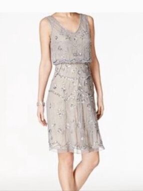 Adrianna Papell Silver Beaded Sheer Overlay Midi Dress